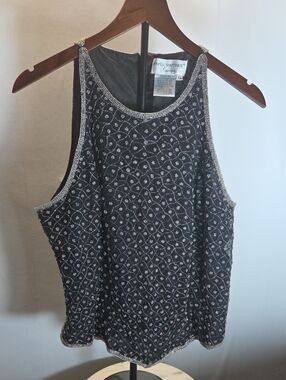 Papell Boutique Black Beaded 100%  Silk Evening Shell with Beading Size XL